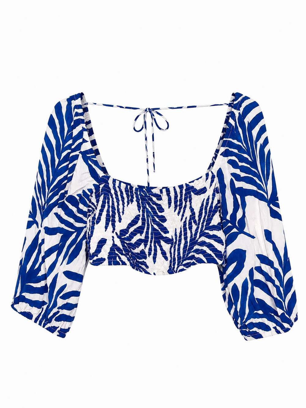 H&M Blue and White Leaf Print Smocked Square Neck Crop Top